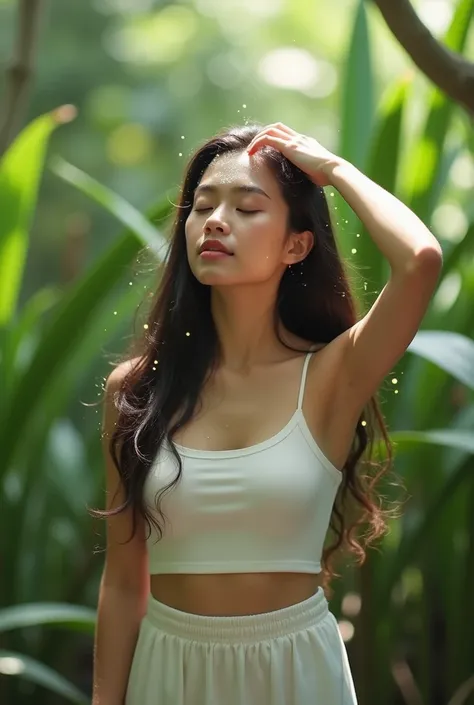 woman bathing her hair with aloe vera gel