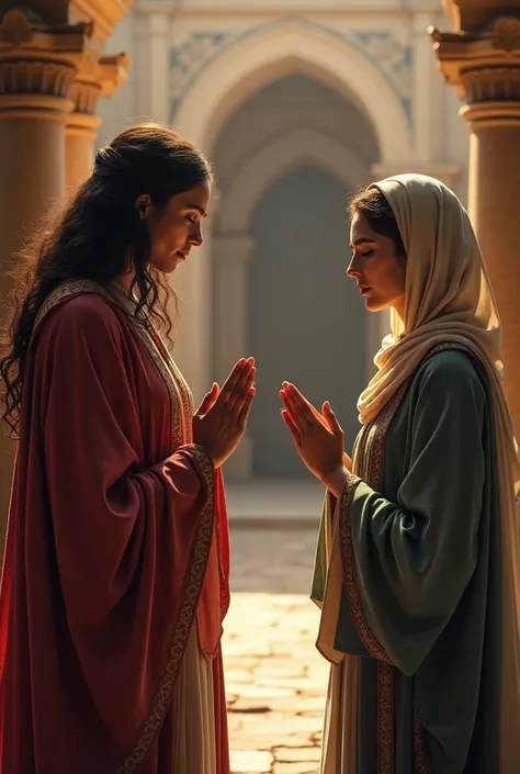  An image in horizontal format for YouTube cover  ,  of a versus between a servant and a woman praying, both women and dressed from the time of Christ in horizontal format 