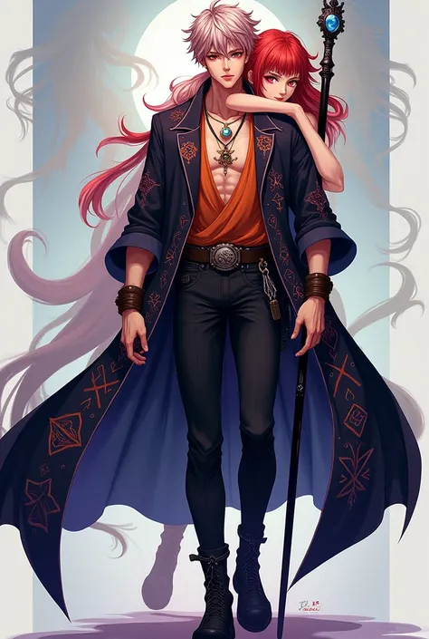 anime,  Young man of muscular stature  , about 1,80 m, weight of 90 kg, light skin,   deep eyes with warm colors  , having heterochromia (roses and oranges),   medium-length wavy hair  ,   its color is a slightly dark red with white tips  .
  She wears a t...