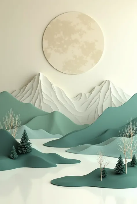  Prompt 2 :
 Create an unprecedented image (nft) In 4D ,  WITH VERY INTENSE COLORS:  " A stylized landscape in which mountains of soft lines seem to float ,  arranged in layers that play with muted tones such as ivory white , smoke gray and pale green .  A...