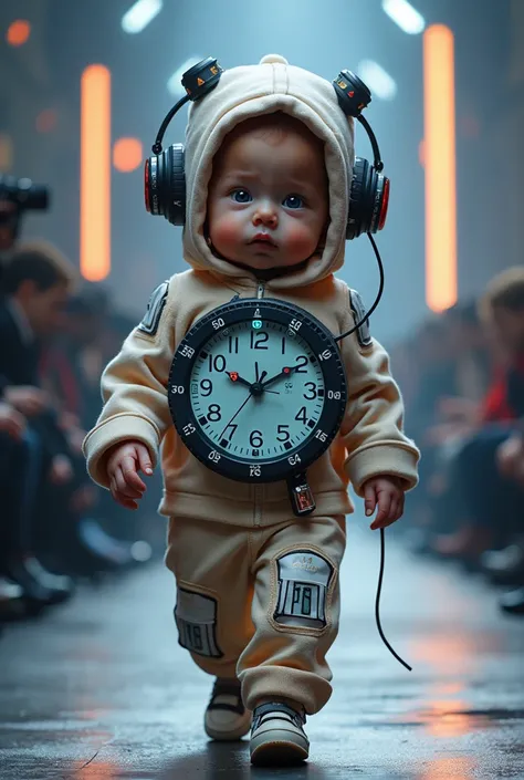 Newborn baby with very large head wearing digital clock costume and hat in full body realistic fashion show