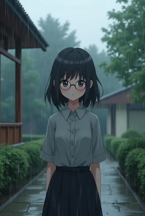  girl
Feminine
ANIME
1 , 46 tall
s
spectacles
cute
fair skin
dark hair
gray blouse
black skirt
Scenario: Garden of a , school, winter, rainy and cloudy day 