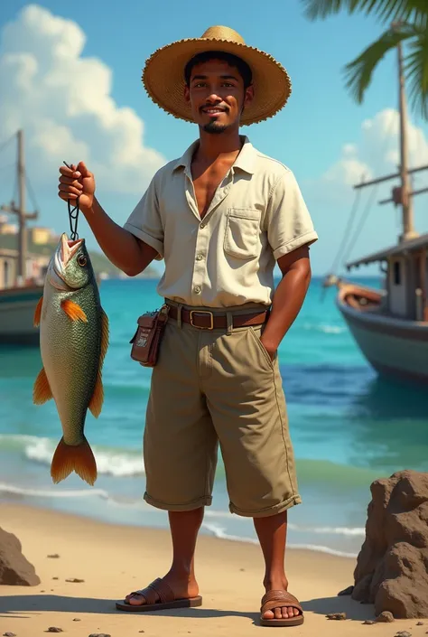 A full-bodied brown fisherman , no beard, Young, slender,  with characteristic features of the Brazilian Northeast ,  wearing a traditional straw hat .  He is wearing a white shirt with short sleeve social ,  a light brown linen pants and leather sandals ....