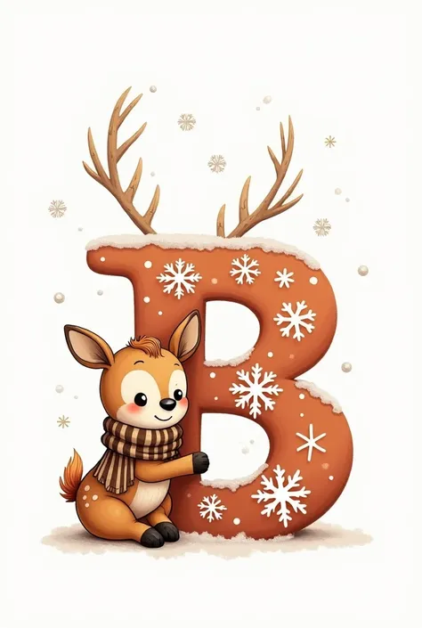  I would like to generate an image that has a Christmas deer  ( that the deer has a scarf with brown and white stripes , And that it is a baby deer .
And with your front legs you are holding the letter “B” in large ,  3D and that the letter is brown-orange...