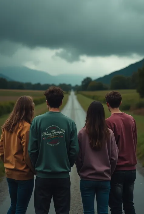 A group of friends in sweatshirts with their backs turned against the backdrop of dark country roads