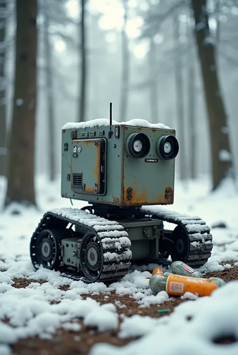 A cubic robot with 2 caterpillar wheels that is picking up garbage such as bottles or wrappers from a snowy forest, The first floor has dirt and a bit of garbage 