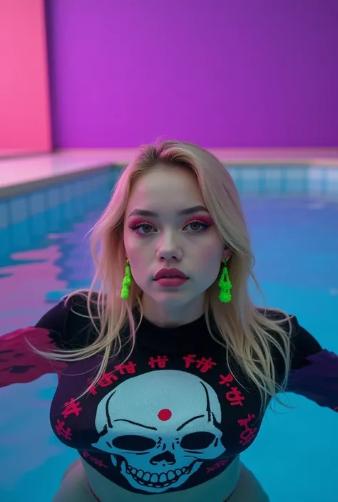 A young woman with long blond hair and lilac , She is made up in a unique way she wears neon green earrings ,  wears a colorful sweater printed with a skull with Chinese symbols that says Pornhub, floating in a pool , looking straight ahead,  in the backgr...