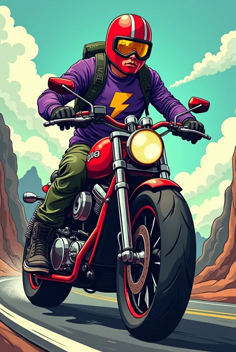  Create a comic book drawing of a motorcycle rider on a red 150cc Chopper Road from Haojue. The red closed helmet pile with thick white stripes in the middle , yellow lens glasses . . black all-star shoe ,  military green cargo pants and purple shirt with ...