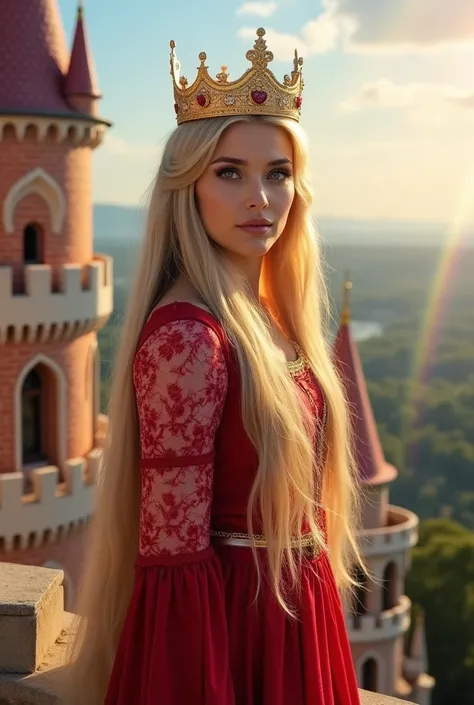  A woman with very long blond hair that almost reaches the ground ,  dressed like Princess Rapunzel from the fairy tales, a red dress with lace on her arms., She wears a beautiful gold crown on her head She is looking straight into the camera,  She is stan...