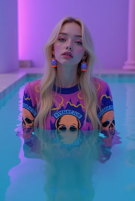 A young woman with long blond hair and lilac , She is made up in a unique way she wears neon magenta earrings ,  wears a colorful sweater printed with a skull with images of cloud fish Chinese art that says Pornhub,She floats in a pool that shows her refle...