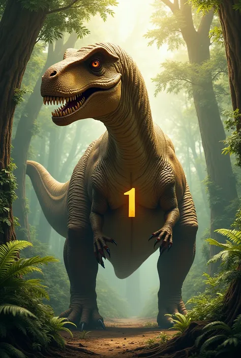 A dinosaur in a Jurassic forest with the number 1 in gold color