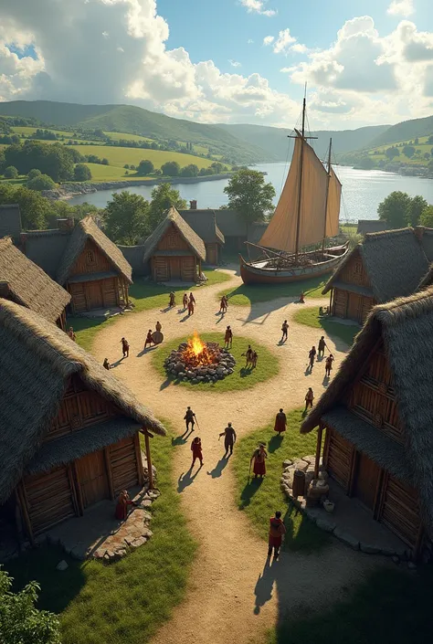 " A Viking settlement in the Middle Ages ,  set in rural England .  The setting shows wooden cabins with thatched roofs ,  arranged around a large central square ,  where Vikings are gathered for daily activities . Some are tending to bonfires ,  others ar...