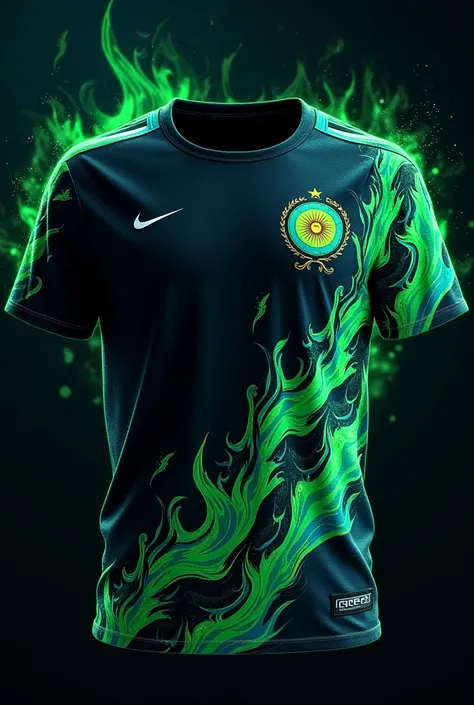 Make me a black t-shirt with green and blue flame of fire designs based on the Argentina 2022 jersey