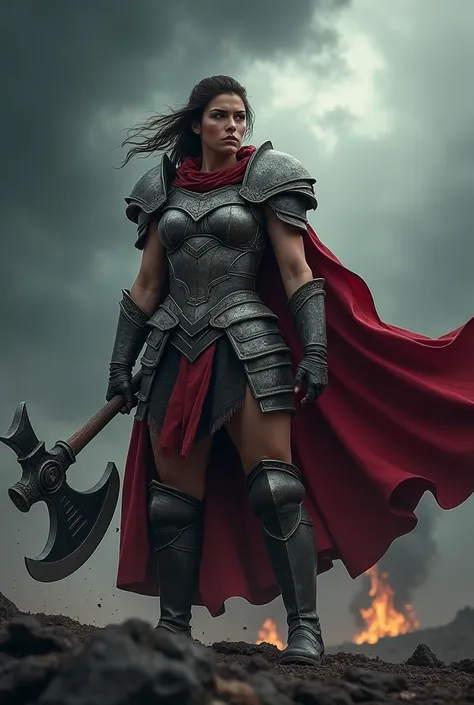 A caucasian female warrior, muscular and fierce-looking, holding a large battle axe in a dramatic pose, intricate detailed armor, flowing red cape, stormy dark background, dramatic lighting, gritty realistic style, cinematic shot, sharp focus, highly detai...