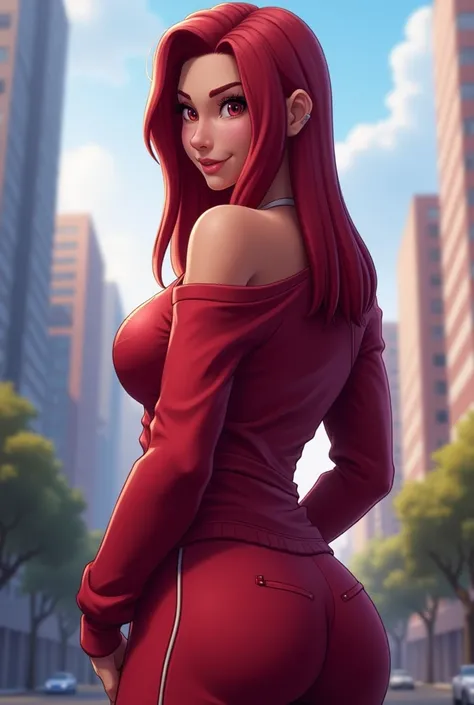 Ruby , (fortnite),1girl, solo, long hair, looking at viewer, smile, breasts, city background, butt, bare shoulders, tight shirt, closed mouth, portrait, red sweatshirt, skin tight pants, red sports pants, seductive, simple background, realistic, best quali...