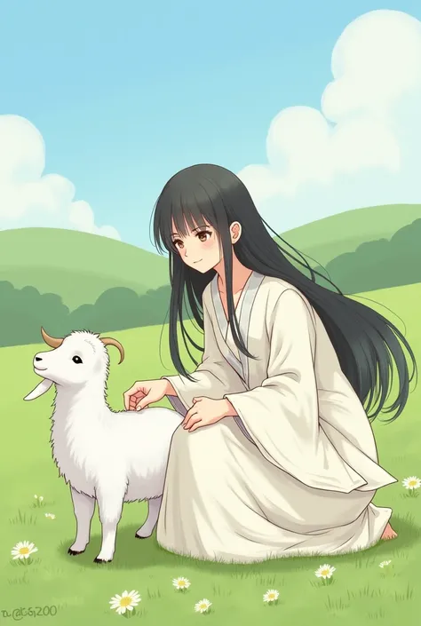 Drawing of a lady with long straight black hair, and a happy white goat  