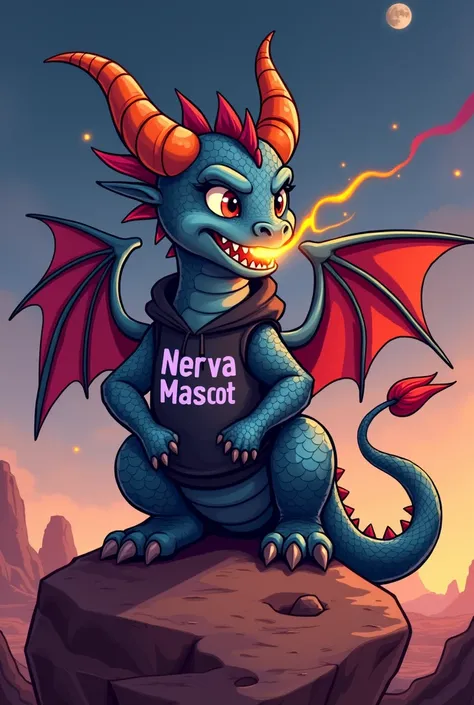  A complete scene of a cartoon dragon wearing dark gray scales /blue,  red-orange horns and wingtips and black athletic-style clothing with " Nerva Mascot "  written in dark / purple on the chest .   The dragon is confident  ,  displaying a bold and dynami...