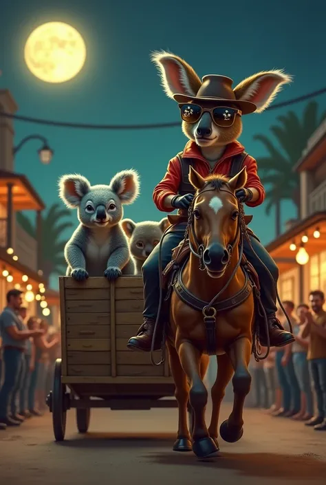 The model is wearing glass sunglasses with stars and tThe strong, muscular kangaroo sheriff ties up the captured, towering koalas, securing them tightly before placing them in the back of a wooden cart. The sheriff rides his horse confidently, pulling the ...