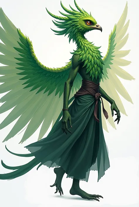 Jujutsu Kaisen design , FE,  Semi-Curse with traits of a 
Green pheasant ,  pose of a dance combined with a pose of a Taijutsu teacher , age 19 years,  height 1,73,  wings located on the lower part of the arms Posture :  Moves with the grace and precision ...