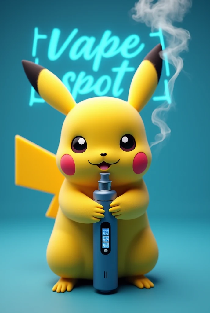 Pikachu smoking electronic cigarette with a blue background and the name " vape spot"