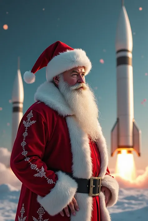 Generate an image of Elon Musk disguised as Santa Claus with a landscape in the background with his starship rockets in the background 