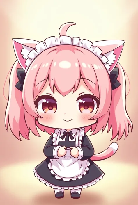 Chibi character style　 cute　 bangs　 straight　 ふわふわなtwin tails,  pink hair, Bangs, Cat ears,  smiles,  Headpiece,  maid outfit 
