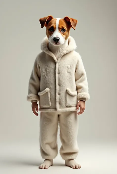 Create a human wearing the pajamas of a semi-animated Jack Russel Terrier