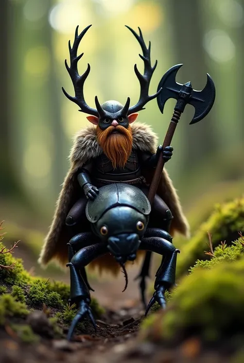 Macro photograph of a tiny Viking warrior in leather armor riding a stag beetle, gripping a miniature battle axe. The beetles glossy black carapace contrasts with the warriors rugged fur cape. Set in a dense forest floor, with shafts of light piercing thro...