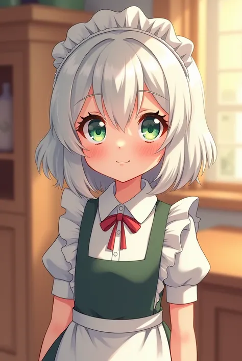 Female cartoon character with mint-colored eyes and short white hair wearing a maids book, The eyes are small