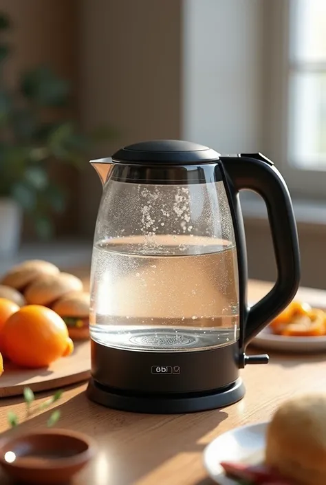  An electric kettle without the inscription .  The elegant silhouette of tempered glass is decorated with elegant inserts made of high-quality plastic and steel.  Inside there is a tea filter .  Button on the kettle with memory function , s rendering mode ...