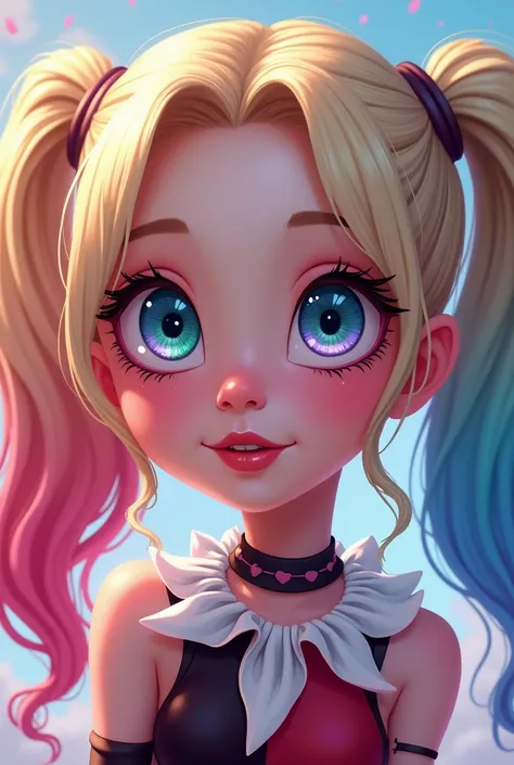 Illustration of the Harley Quinn cartoon version tender girl with tender and colorful eyes