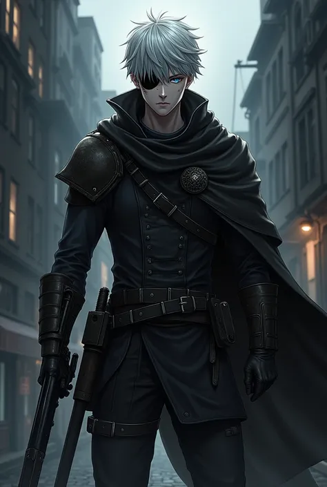 Young man,style Grey hair, pale skin,using hood with hunter commander armor, scar in the left side of the face with left eye eyepatch, angry, silver eyes of death, dark aura,with sword in The hip and Double barrel shotgun in hands, Commander, anime artwork...