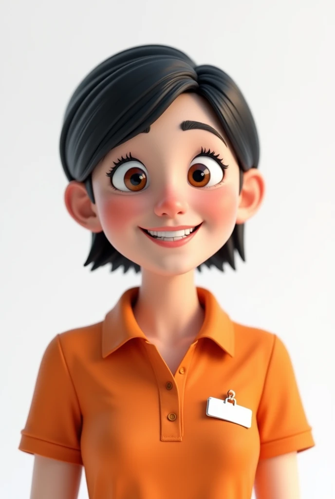 
Pixar style 3D post capturing a clean white background a woman wearing an orange polo shirt wearing a work badge ,  white skin color with a round face and smiles and is happy has brown eyes and straight black hair up to her shoulders is thin, 8k the hair ...