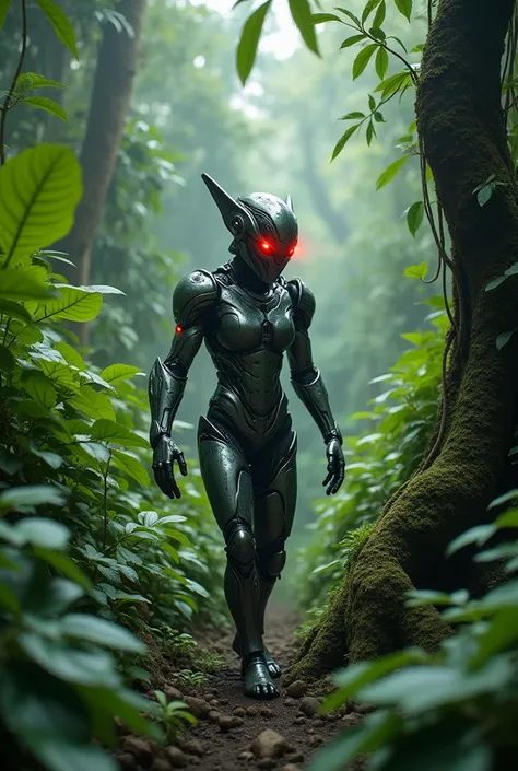  The image shows a character with a robotic or alien appearance , in a jungle environment.  He wears metallic armor with intricate details and a helmet that covers his entire head.  His eyes shine with a red glow . The surrounding vegetation is dense ,  wi...