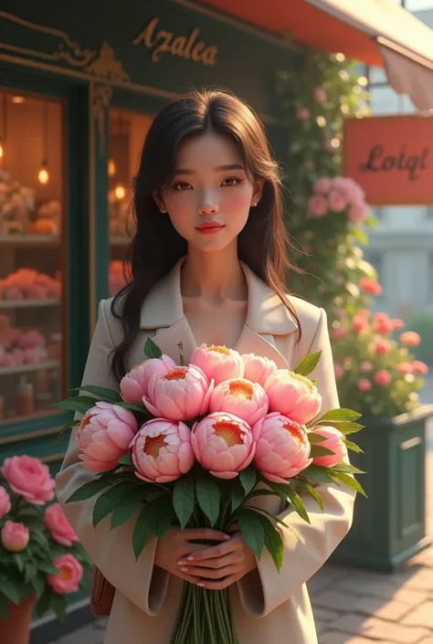  Generate an image where a beautiful girl in a coat holds a bouquet of peonies, and at the back, the flower shop itself is called “Azalea”  