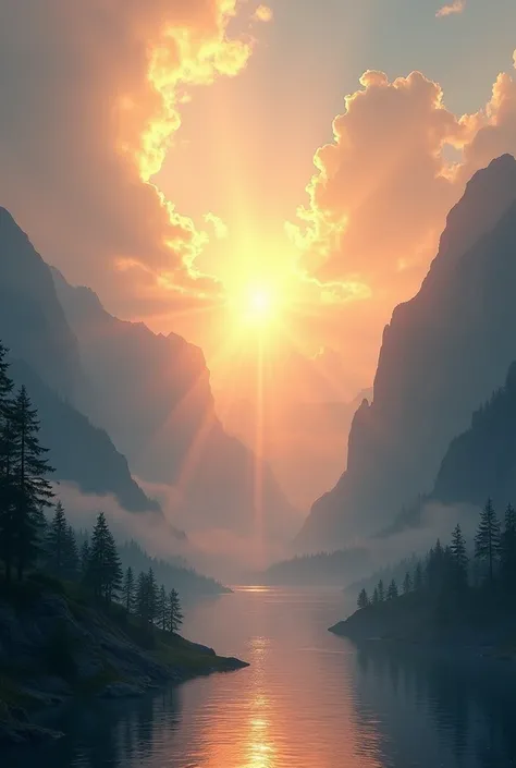 A divine sunrise over a serene mountain range, golden rays of light breaking through the clouds, with a tranquil river flowing below, spiritual and cinematic style, soft glowing aura, 4K resolution