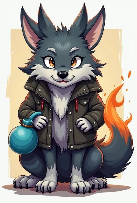 Gamer wolf with a cartoon bag of water and fire for profile picture