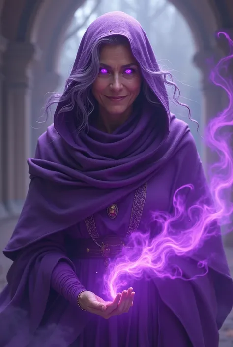 60 years old woman, purple hair, purple glowing eyes, purple magic around her, warm smile, purple hood