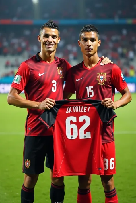  Photo Cristiano Ronaldo , a Portuguese football player ,  stands next to an Indonesian man wearing an Indonesia jersey .  They hold a football shirt that says JK TOLLE  "62.  They stand on a grass field .  The background is a stadium with opaque seats and...