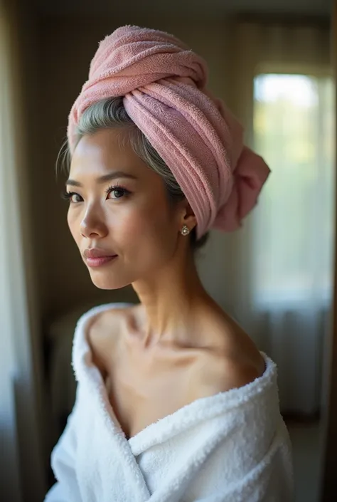 A sexy still very young looking 50 yearsold mature Filipino girl with a pink hair towel completely covering her head she is getting married wearing a bathrobe standing in a makeup room High-k ey lighting Style, 1girl, sol o,gray hair, completely gray hair,...