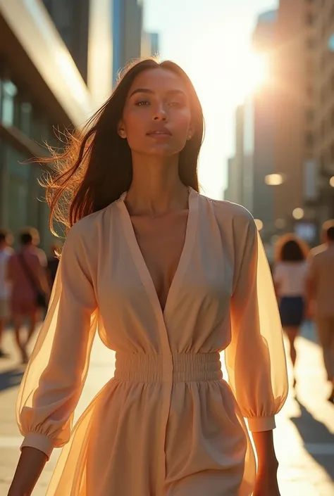 A final shot: a radiant woman confidently walking out with her Polygel nails sparkling in the sunlight, modern cityscape backdrop; captivating and hyper-detailed