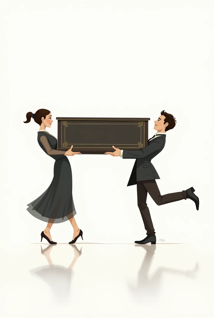 A drawing of a man and a woman carrying a piano,  with white background