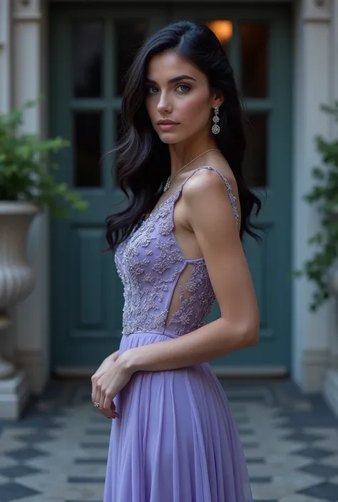  The model wears an elegant long purple blue wedding guest dress and silver jewelry,  has blue eyes and wears wavy black hair . The background is of a house with cool colors 