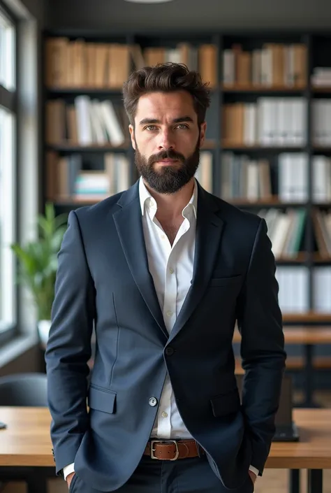 34-year-old man, journalist, with brown hair, a well-groomed black beard, and brown eyes. He is handsome and portrayed in a full-body view, standing in a modern office setting. The background includes a desk with a laptop, shelves filled with books and doc...