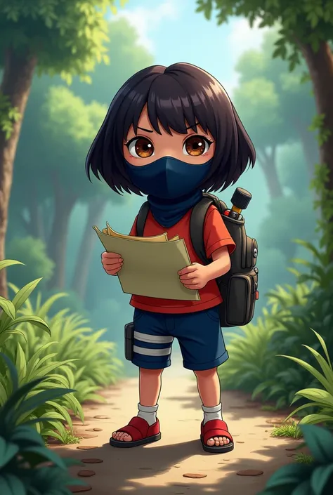 Mix of Dora the Explorer and Kakashi with Doras haircut and the map and slippers next to her