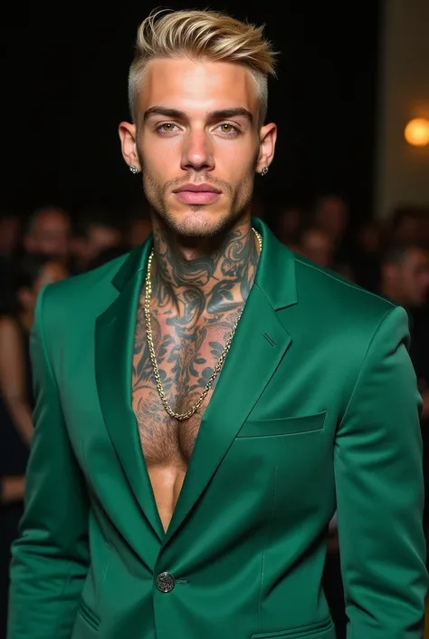  Create an image of a stylish 20-year-old with blond hair , cropped in a modern gradient ,  greenish eyes ,  textured fair skin ,  full lips , stubble, muscular physique.  Hes wearing an elegant greenish suit.  He has a tattoo on his arms and neck .  His h...