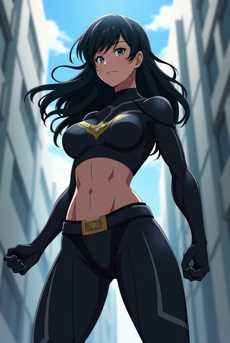  My Hero Academia style , Anime girl, female, young female ,    full body shot  ,(Fighting pose:1.3),  Long hair, Black Hair,    Black Eyes   ,  hero suit, Full Body Suit, Black suit, perfect anatomy, Super detailed, Toughened Abs,( building :1.2）