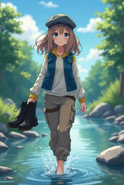 Anime girl, focus on her feet, wading barefeet through a wild river, feet under water, medium long light brown and dark blonde wavy hair, dark grey newsboy, sky blue eyes, sky white shirt with long sleeves, blue vest with yellow edges, light brown cargo pa...