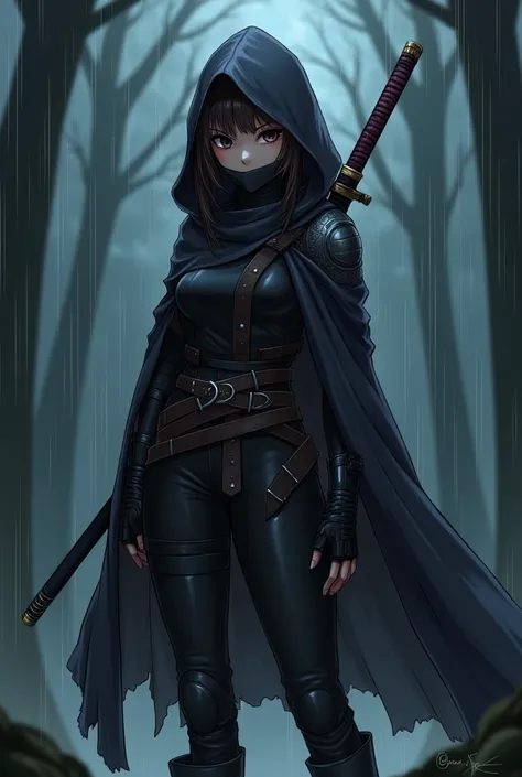 Anime girl who is a ninja, long brown hair, hair tied back, dark eyes, sharp eyes, small chest, wear two katanas, wear a ninja outfit and armor and gloves, wearing a tattered black cloak, dark hood wear a mask, mask covers face, black leather pants, black ...