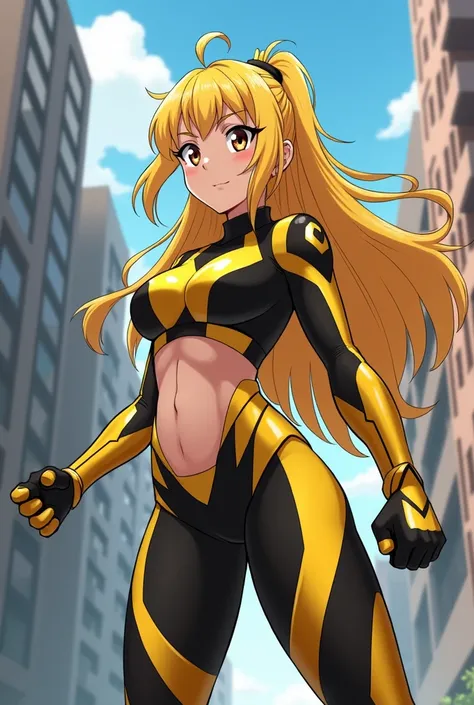 My Hero Academia Style , Anime girl, female, young female ,Full Body Shot,(fighting stance:1.3),Long hair, Yellow Hair,  Brown Eyes,Hero Suit, Full Body Suit, Gold suit with Black details, perfect anatomy,  （Toughened Abs）,super detailed,(Buildings:1.2）